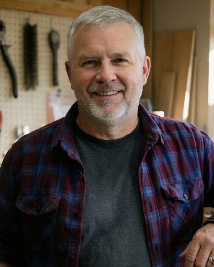 A smiling gray-haired man in a plaid flannel shirt in his home workshop, pegboard of tools behind him